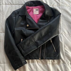 SO Black collar motorcycle Jacket Faux Leather with Pink liner